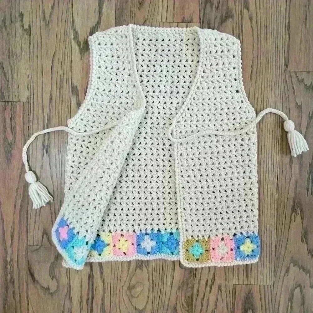 Crochet Cream and Multicolor Granny Square Tie Front with Tassle Wool Boho Vest - Picture 9 of 15